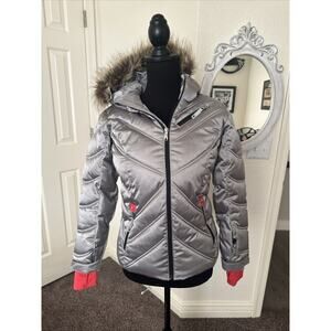 Spyder Ski Jacket Black Red Grey Stripe Youth Size 12 Removable Fur Hood NEW